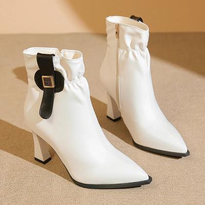 Женские хлопковые ботильоны на тонком каблуке, зимние новые, с острым носком, боковой молнией, металлической пряжкой, противоскользящие, износостойкие, короткие ботинки