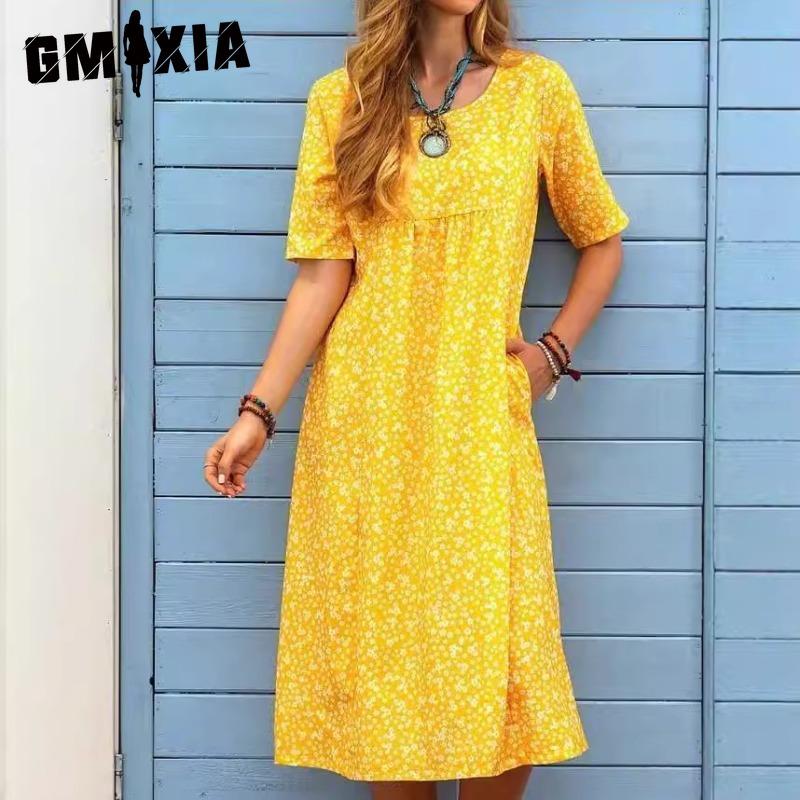 GMXIA Women's Fashion Summer Spring Solid Color Print Short Sleeve O-Neck High Waist Casual Dresses