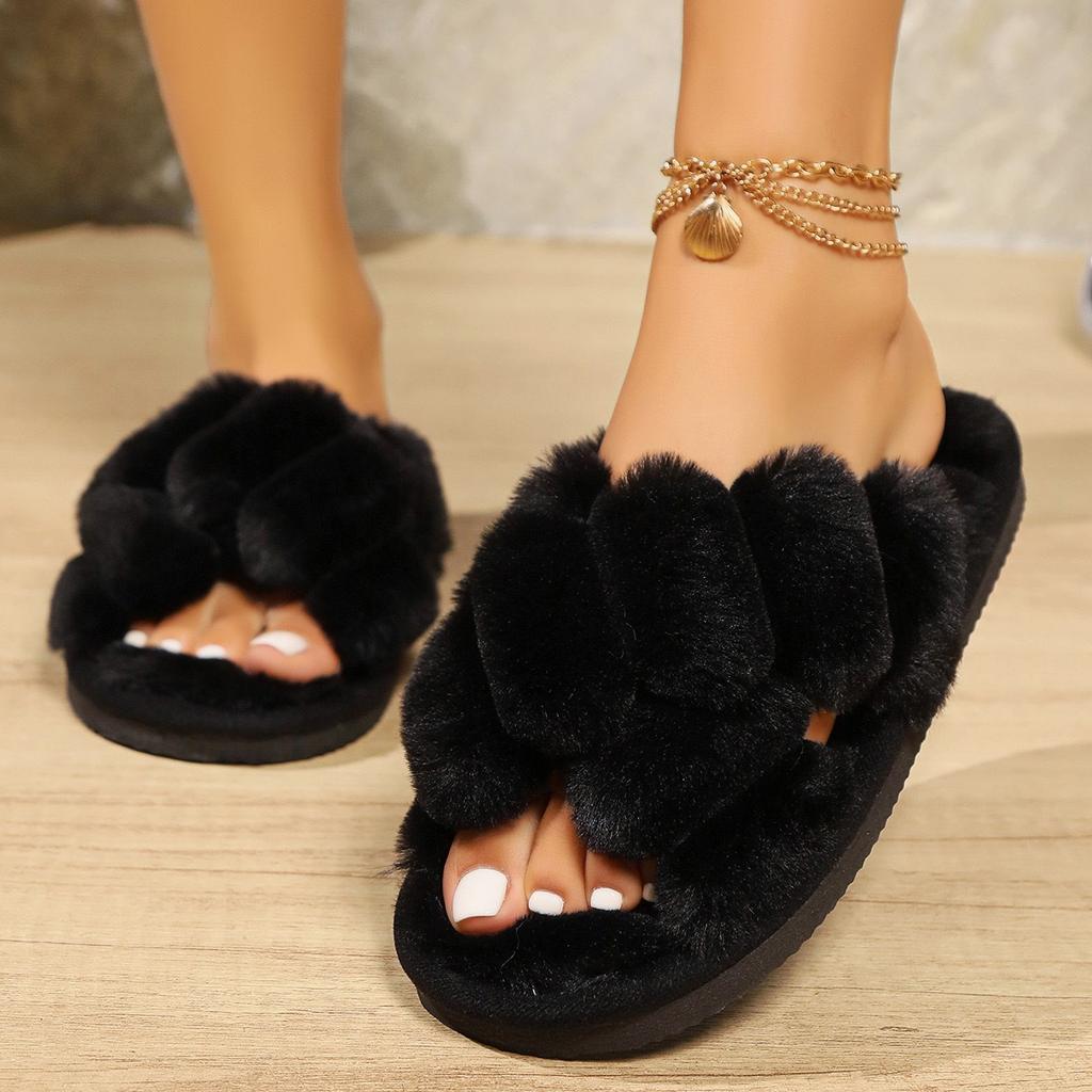 Home Fuzzy Cross Strap Slipper Women Winter Warm Fur Plush Indoor Lazy Female Thermal Furry House Shoe Flat Flip Flop Black