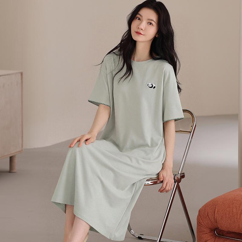 Pure cotton nightdress women's summer thin short-sleeved crew neck dress medium and long summer can wear cotton loungewear