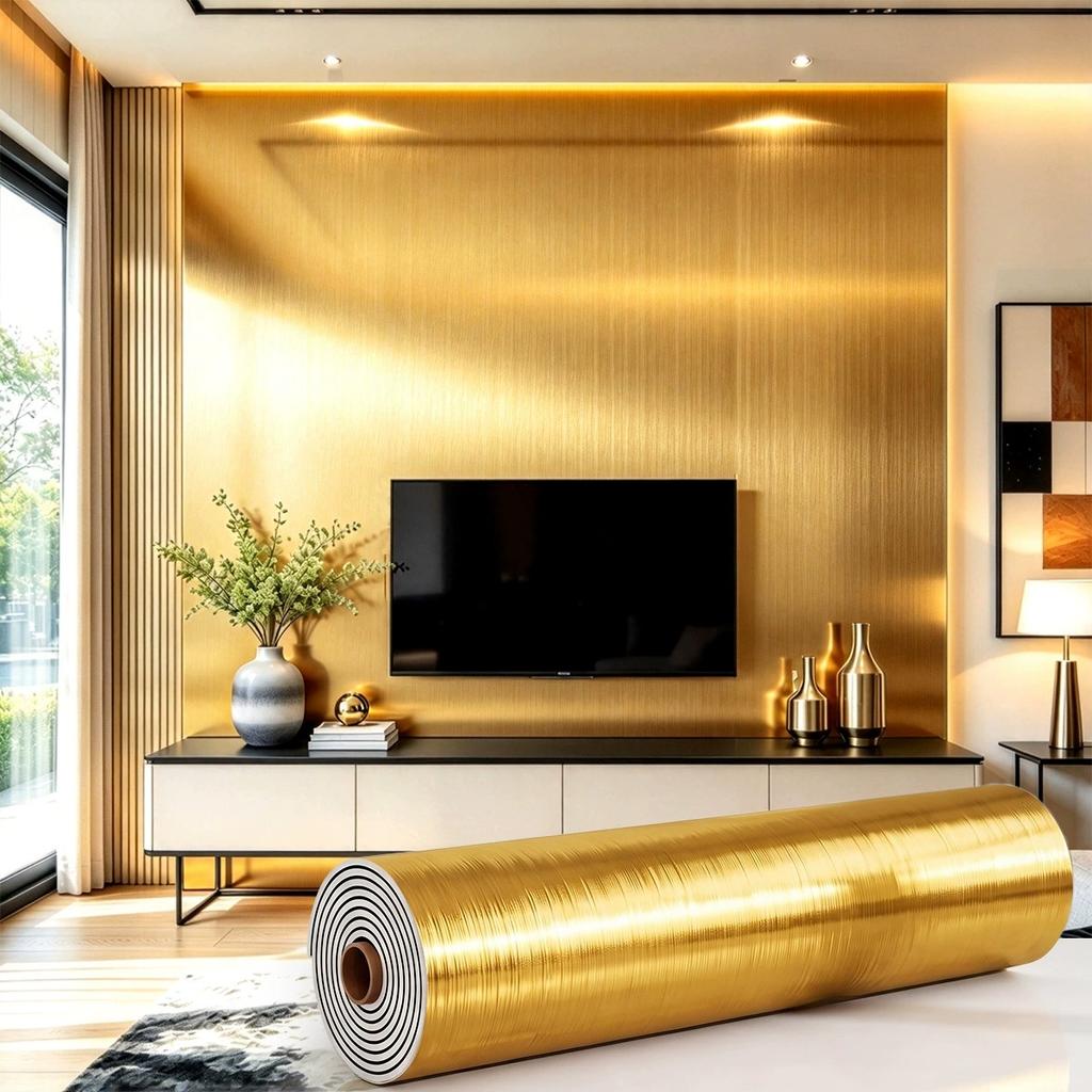 Self-adhesive wall sticker featuring a metallic-finish faux-slat striped pattern; suitable for living room TV feature walls