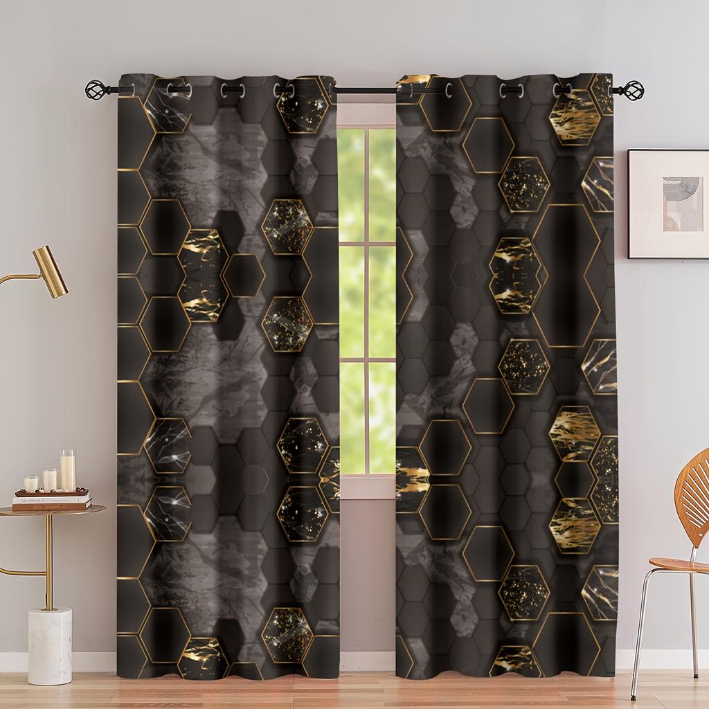 2panels Nordic Golden Leaf Marble Digital Printing Curtain Grommet Top Curtain Living Room Bedroom Kitchen Office Home Decor