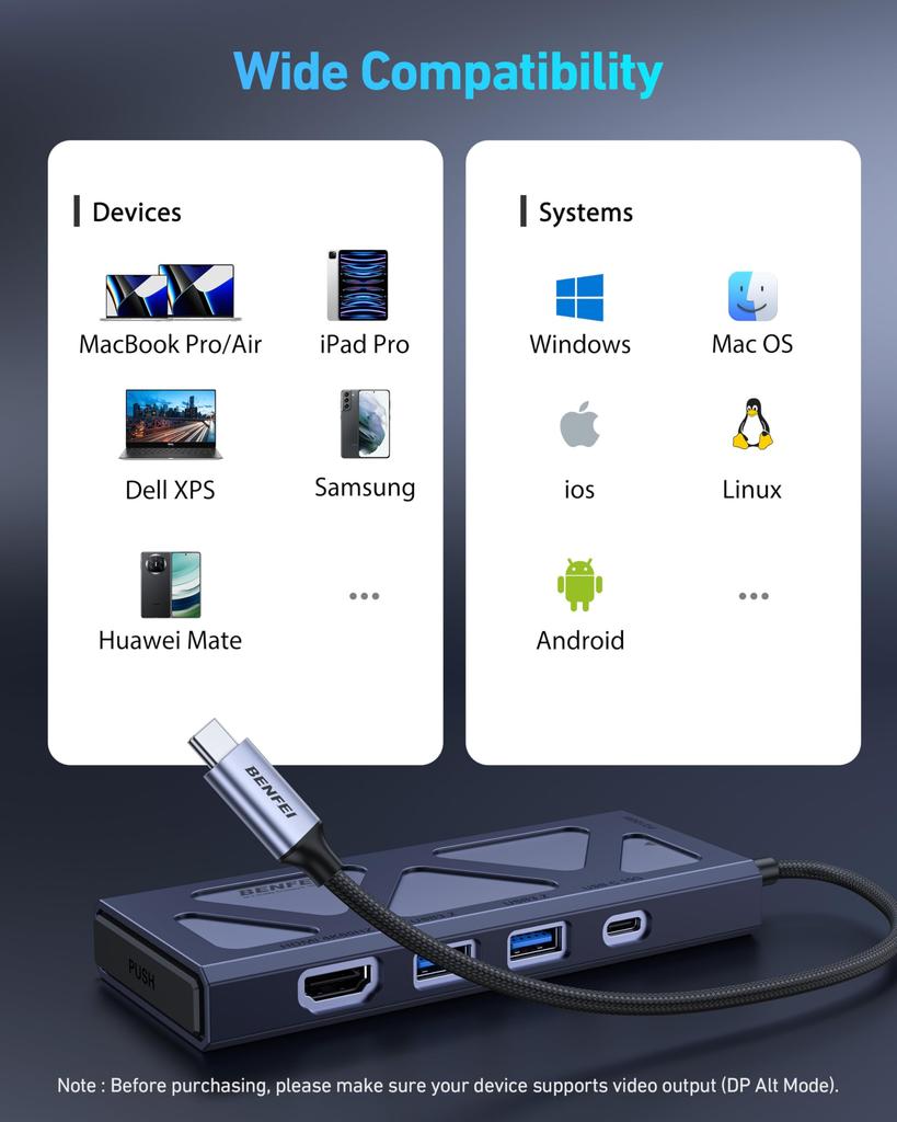 USB-C хаб BENFEI с поддержкой NVMe SSD, портами USB 10 Гбит/с, одним портом 100 Вт и HDMI, совместимый с MacBook, iPad, Dell и Surface Pro, 6-в-1, корпус M.2, 3.2 (2