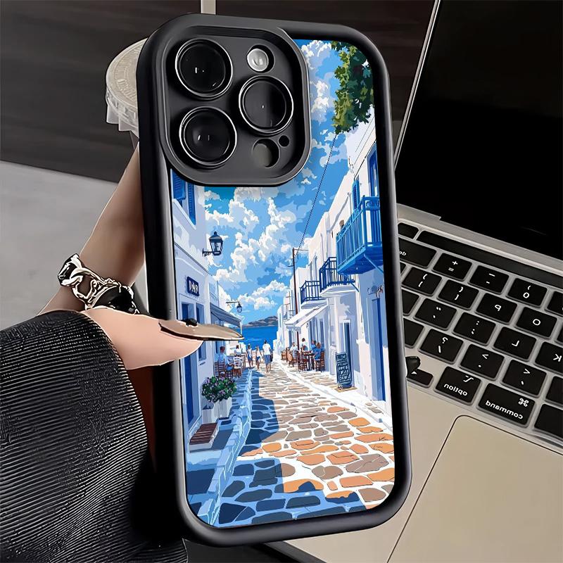 Чехол для телефона iPhone 17 Air 16E 15 16 Pro Max Санторини Греция Летний Чехол 14 Plus 13 12 Mini Мягкий Силиконовый Fundas