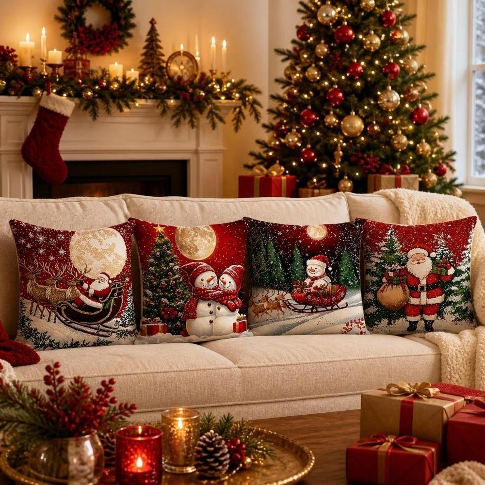 4PCS Santa Claus Holiday Cushion Cover Elk Throw Cushion Case Xmas Pillow Cover Sofa Decoration