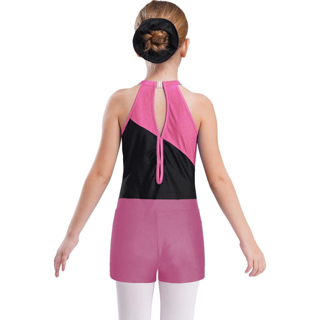 Girls Sleeveless Rhinestones Patchwork Leotard Hair Band V Front Waistband Shorts Dance Gymnastics Set