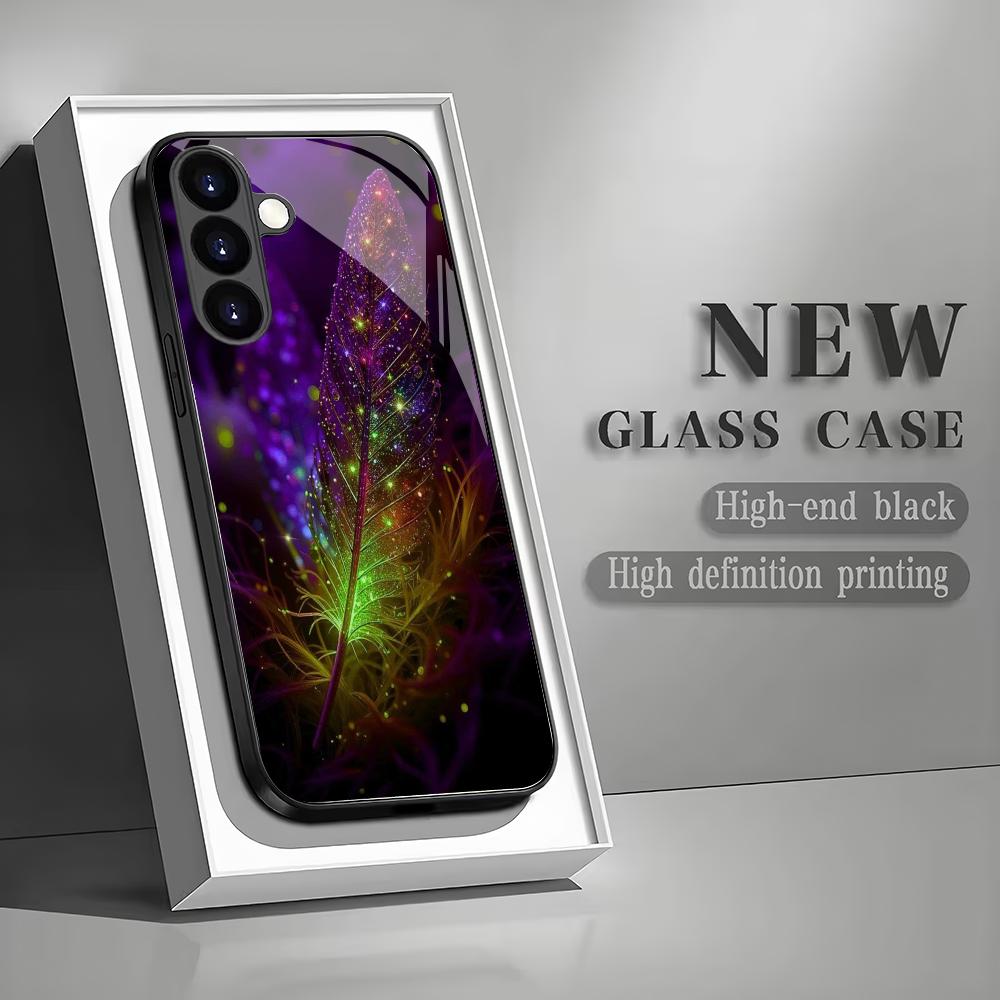 Закаленное стекло с узором из перьев для телефона, подходит для Samsung GalaxyS26 S25 S24 S23 S22 S20FE/Ultra/Plus, противоударная задняя крышка