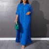 African Loose-Fit Pleated Solid Color Button-Down Long Sleeve Shirt Dress
