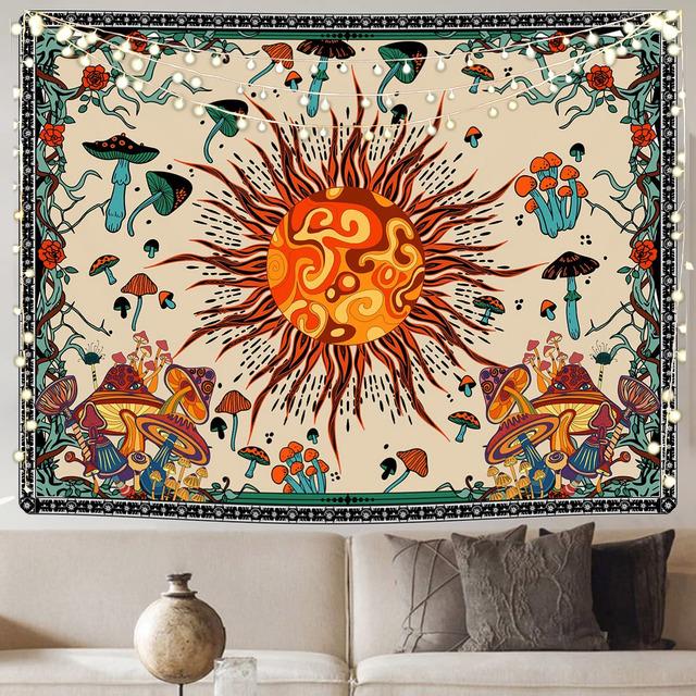 Burning Sun Tapestry Vintage Floral Psychedelic Mushroom Room Decor Aesthetic Plants And Leaves Tapestries Mystic Hippie Cloth