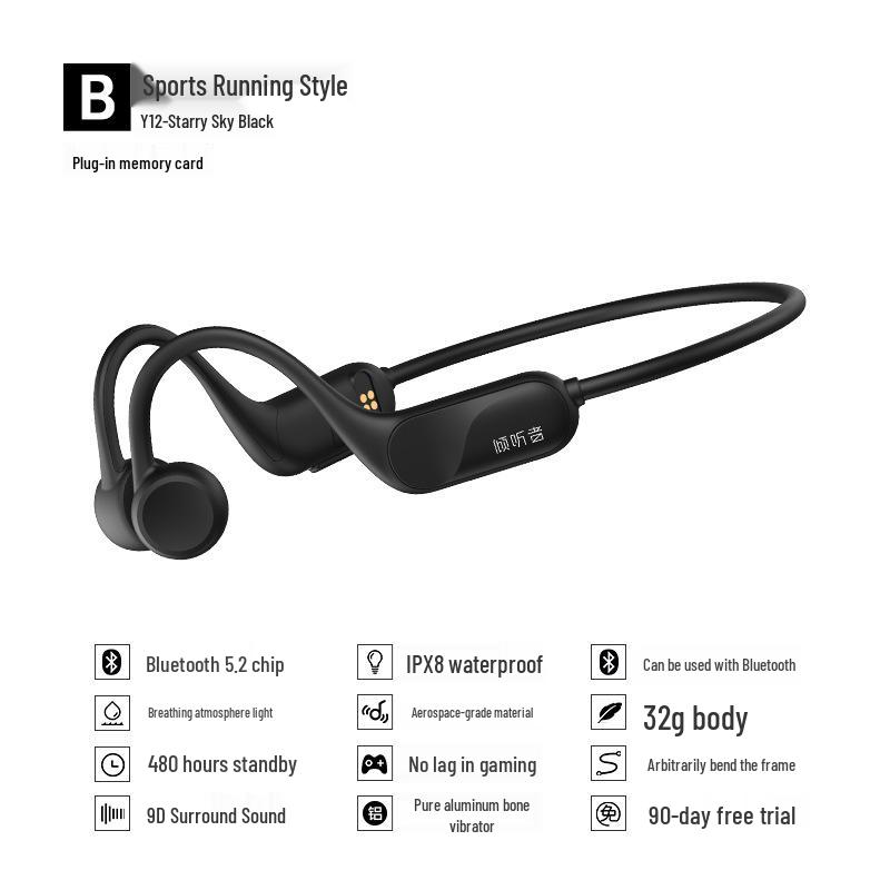 Костно-проводные Bluetooth-наушники Y12: Водонепроницаемые, Не вкладываются в ухо, со слотом для карты, для спорта, плавания и бега.