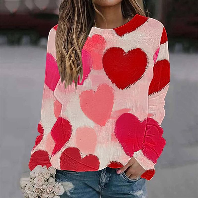 Love Heart Graphic 3D Digital Printed Women's Fashionable and Personalized Round Neck Long Sleeved T-shirt