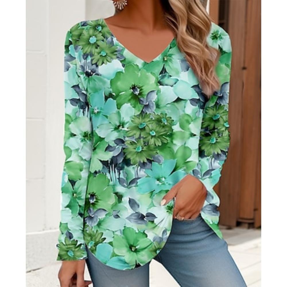 Женская футболка с цветочным принтом Daily Weekend Basic Neon & Bright с длинным рукавом и V-образным вырезом красного цвета