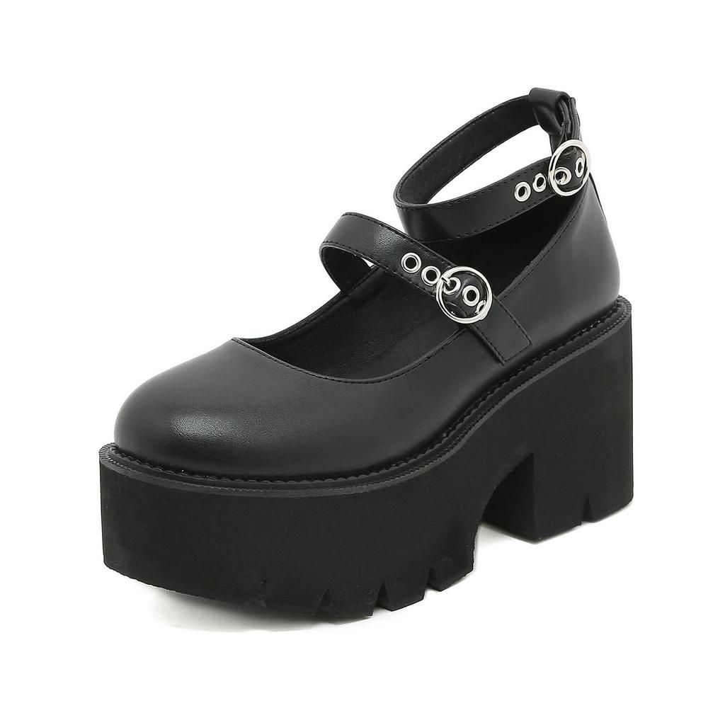 Round Toe Chunky Goth Platform Women Shoes Trendy Ankle Strap Mary Janes Pumps Suare Heels Lolita Style College Student
