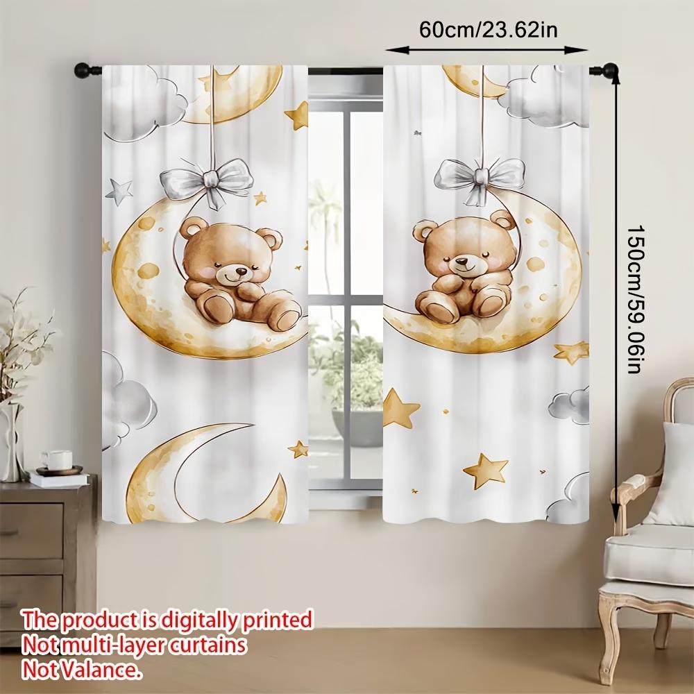 2PCS Digital Printing Curtains with Cartoon Teddy Bear on Moon, Stars Clouds Bows Pattern, Watercolor Kids Bedroom Decor Style