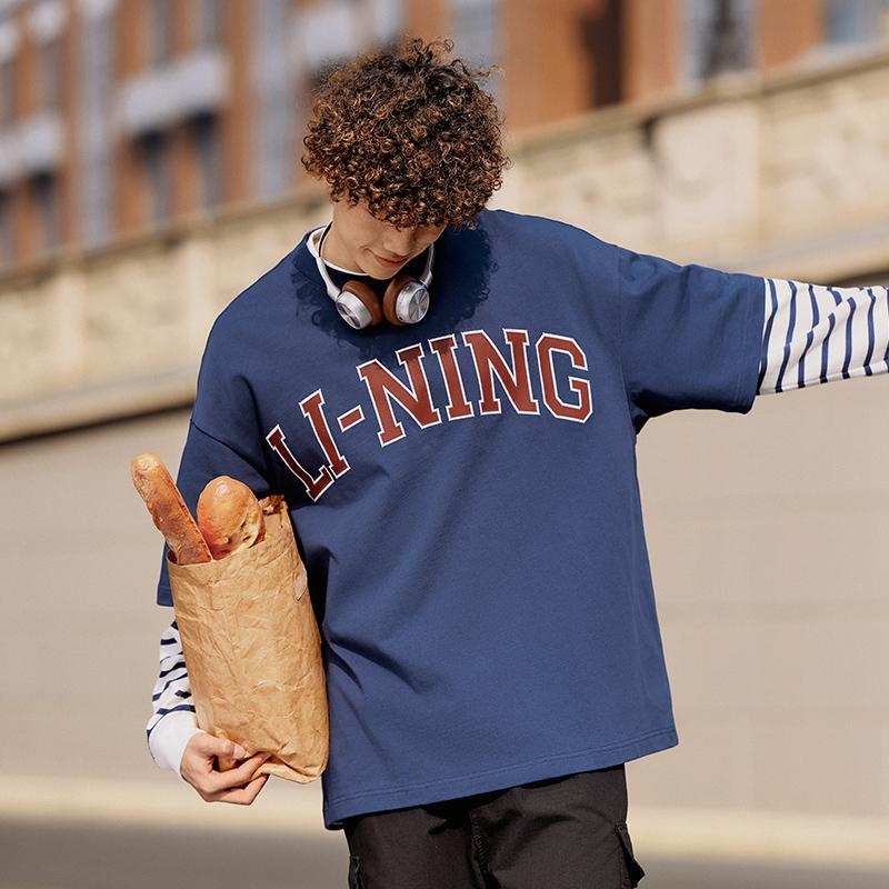 Li Ning Sports Lifestyle Series American Vintage Round Neck Casual Loose Summer Short Sleeve T-Shirt Unisex Tops Deep-Navy AHSU653-3