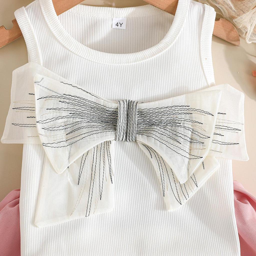 Kids Sleeveless Bow Top and Tiered Skirt, Cute 2-Piece Casual Outfit for Girls