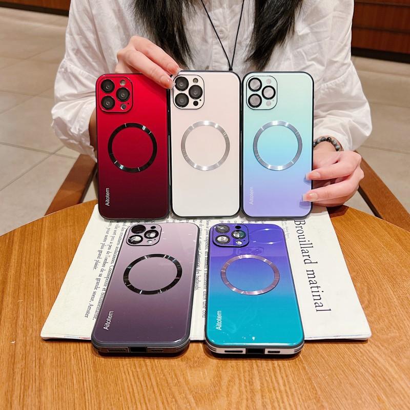 Glass Phone Case IPhone 15 14 Pro Max 13 Magnetic Snap-on Shockproof Full Cover In Aurora Gradient Colors