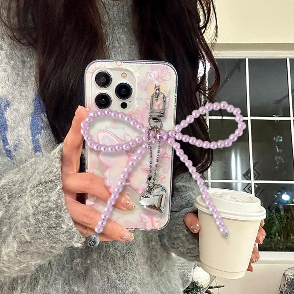 Sweet Pearls Bowknot Keychain Charm Pendant Handmade Heart Keyring for Women Fashionable Backpack Jewelry Ornament