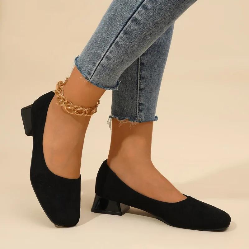 Ladies Shoes 2024 New Slip On Women's Pumps Autumn Square Toe Suede Solid Outdoor Casual Chunky Heels Shallow Large Size Shoes