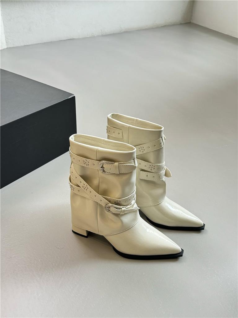 High Heel Boots Thick Heel Pointed Trouser Tube Boots Short Boots Women's 2025 Autumn and Winter New Rivet Belt Buckle Sleeve Fashion Boots Women
