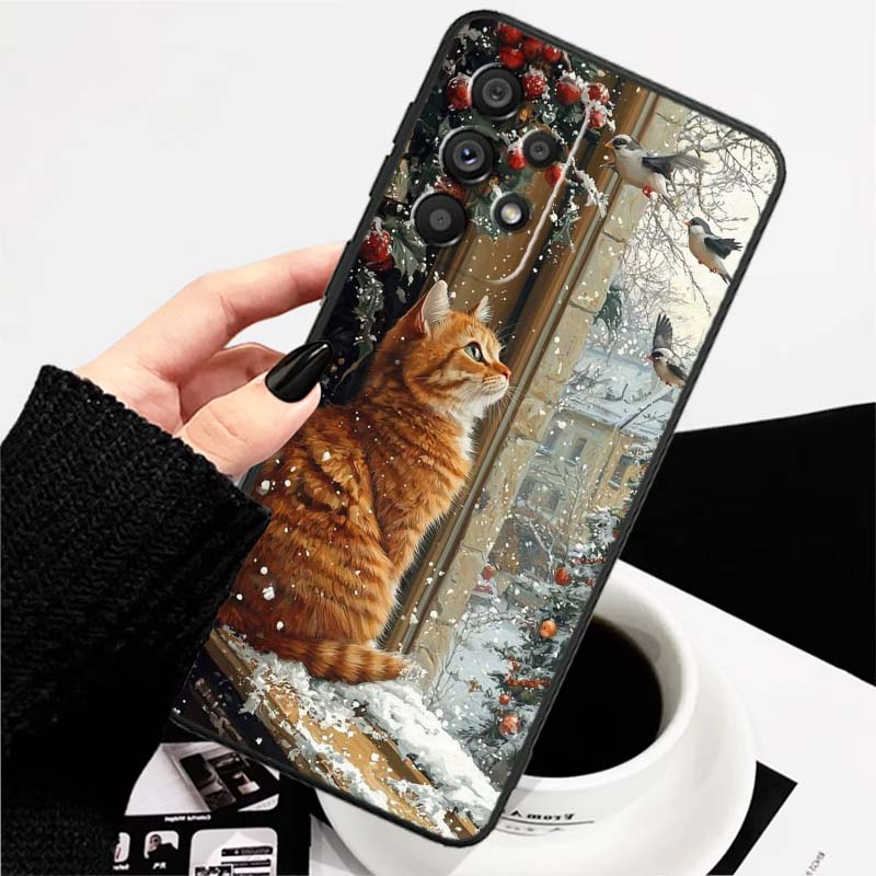 Милая мультяшная кошка Иллюстрация Чехол для телефона Для Samsung A73 A72 A71 A55 A54 A53 A52 A51 A13 A22 A16 A15 A12 A14 A26 A07 5G Черный