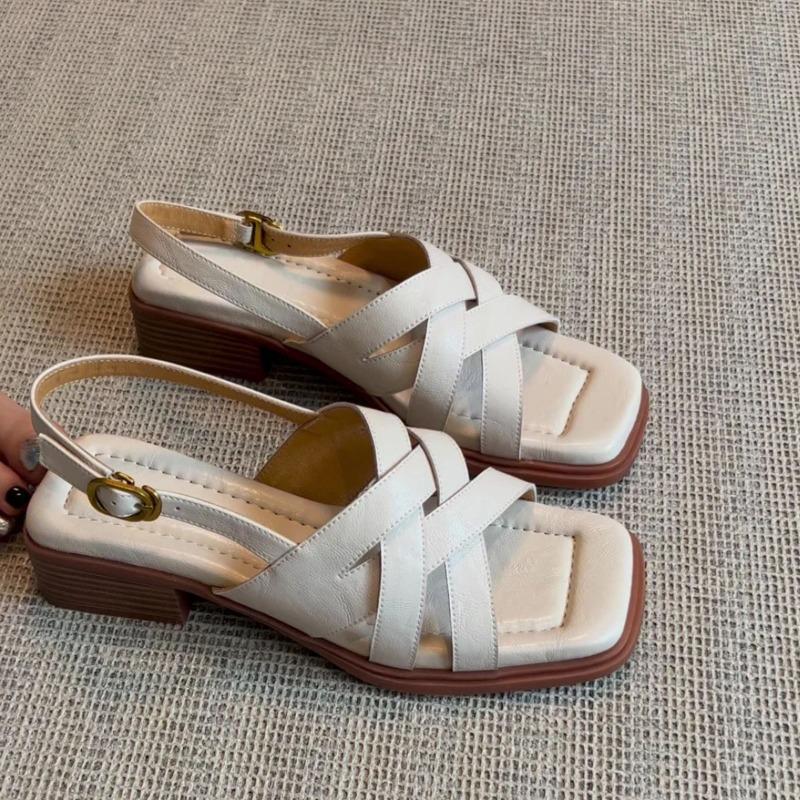 Sheepskin version~ Leather square head cross-strapped shoes for women's summer wear literary and retro woven thick-heeled sandals