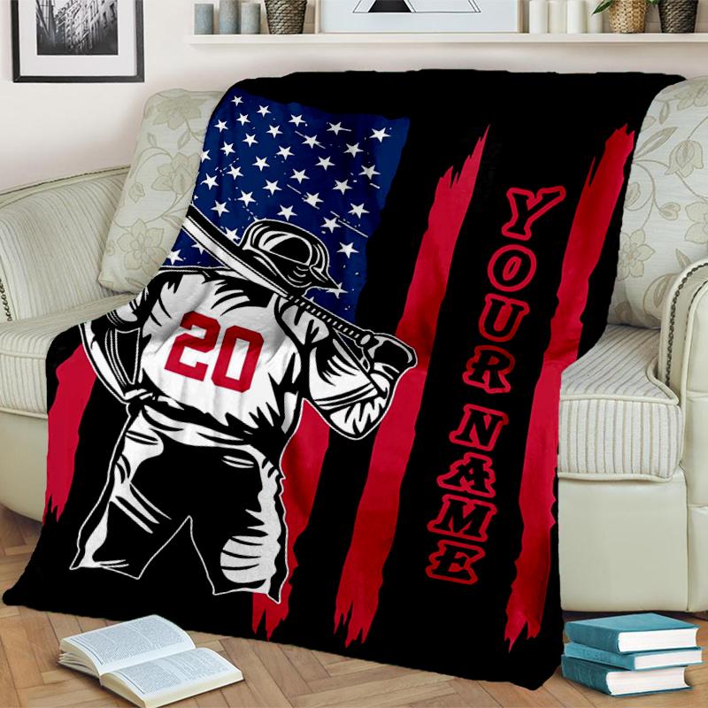 1PC Custom Name Baseball Spirit: USA Pride flannel blanket versatile, all-season throw suitable for the living room, bedroom, camping, travel, and gif