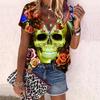 Women's Top Summer New Fashion Rose Flower Skull and Roses Printed Casual Zipper V-neck Short Sleeve Top
