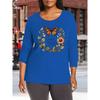 Plus-size women's clothing with vintage floral and butterfly prints T Shirt - Round-neck long-sleeve casual style for spring, summer, and