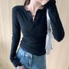 Vintage slim-fitting and thin bottoming shirt women's spring single-breasted button-up front shoulder long-sleeved T-shirt with top inside