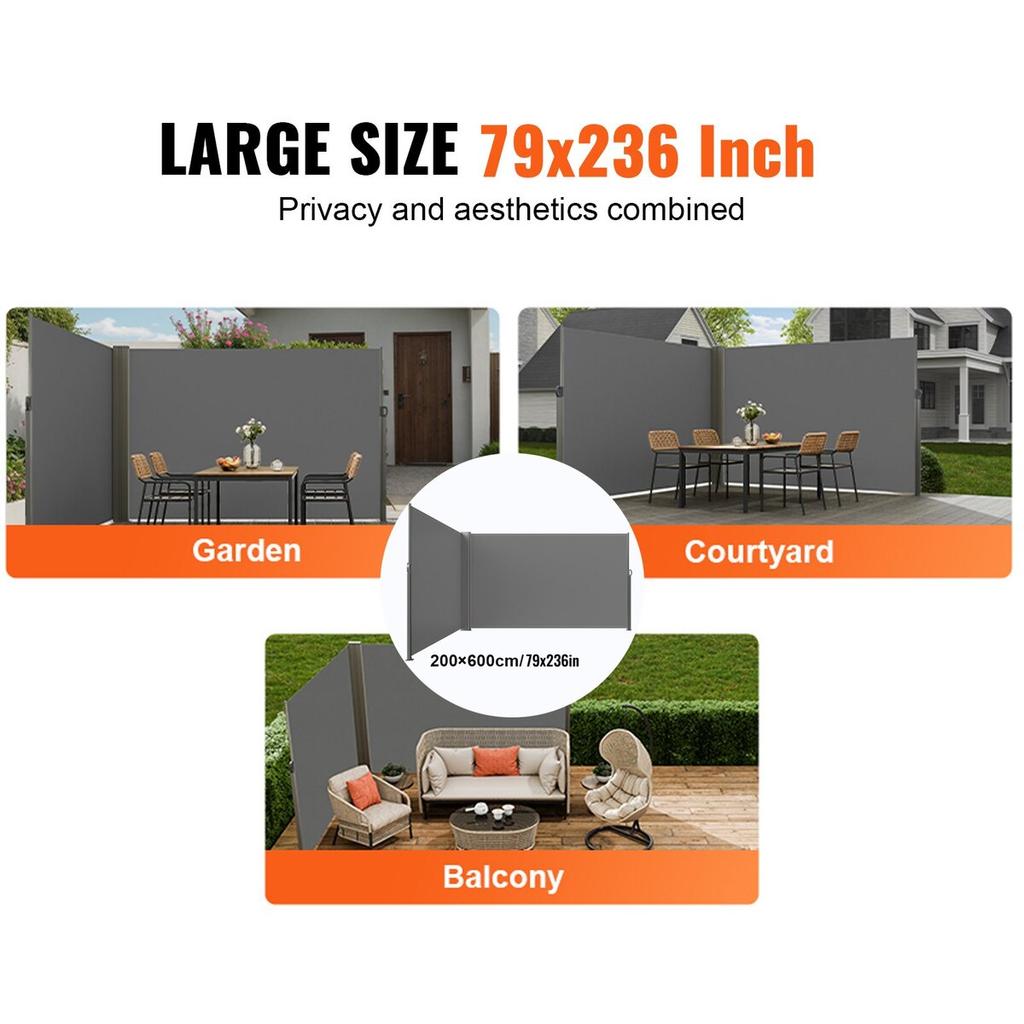 Retractable Side Awning, 79''x 236'' Outdoor Privacy Screen, 180g Polyester Water-proof Retractable Patio Screen, UV 30+ Room Divider Wind Screen for