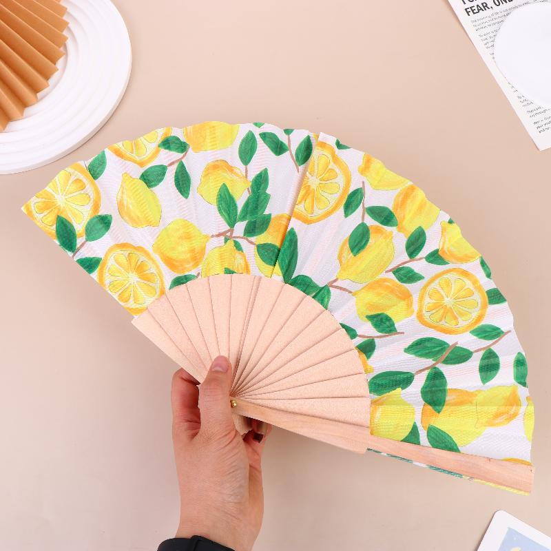 Lemon Print Folding Hand Fan-Bamboo Fabric Fruit Pattern Handheld Fan for Summer Cooling Wedding Party & Dance Performance Decor