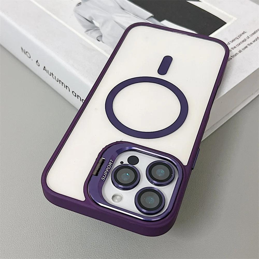 transparent magnetic shockproof phone case For iPhone 16 15 14 13 12 11 Pro Max Plus Magsafe Funda Stand Protection Cover
