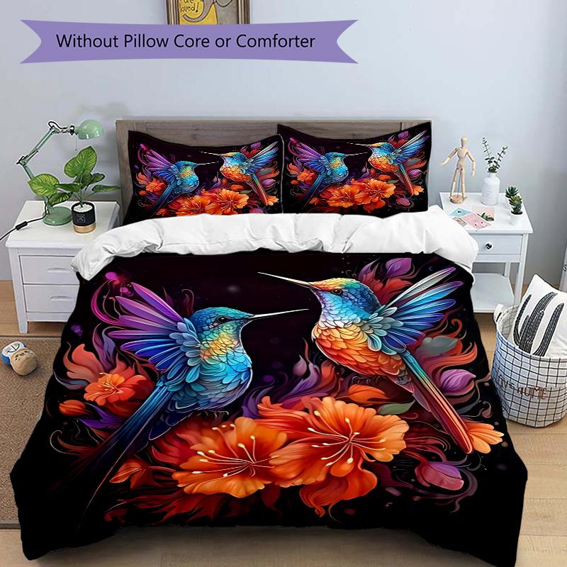 3pcs Colorful Hummingbirds Amidst Vibrant Flowers Quilt Set Cartoon Themed Bed Quilt Set Lovely Character Bedroom Decor Bed Quilt Set Four Season