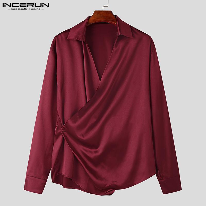 INCERUN Мужские рубашки с V-образным вырезом спереди с перекрестным запахом, атласные топы