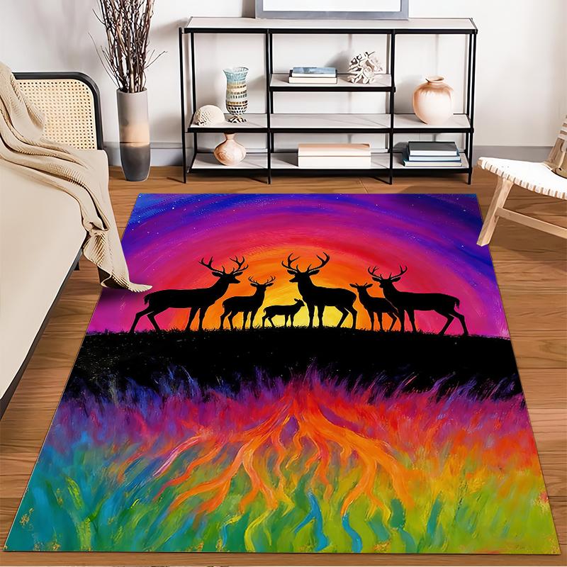 Colorful Deer Silhouette Carpet with Vibrant Rainbow Sunset Design Suitable for use as an anti-slip for living room bedroom sofas