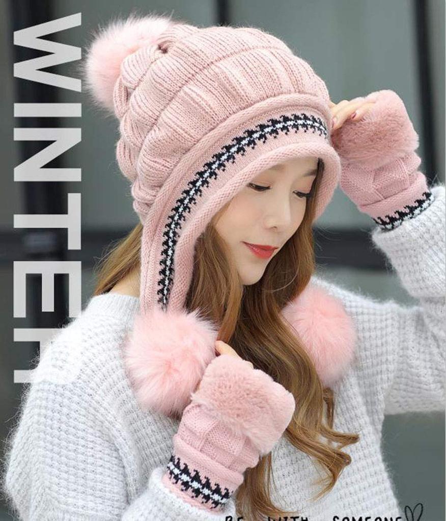 Gergeous Women's Knit Hat with Cable Pom-Pom and Gloves, Winter Knit Cap for Cold Weather Protection and Playing in the Snow (Free Size Pink)