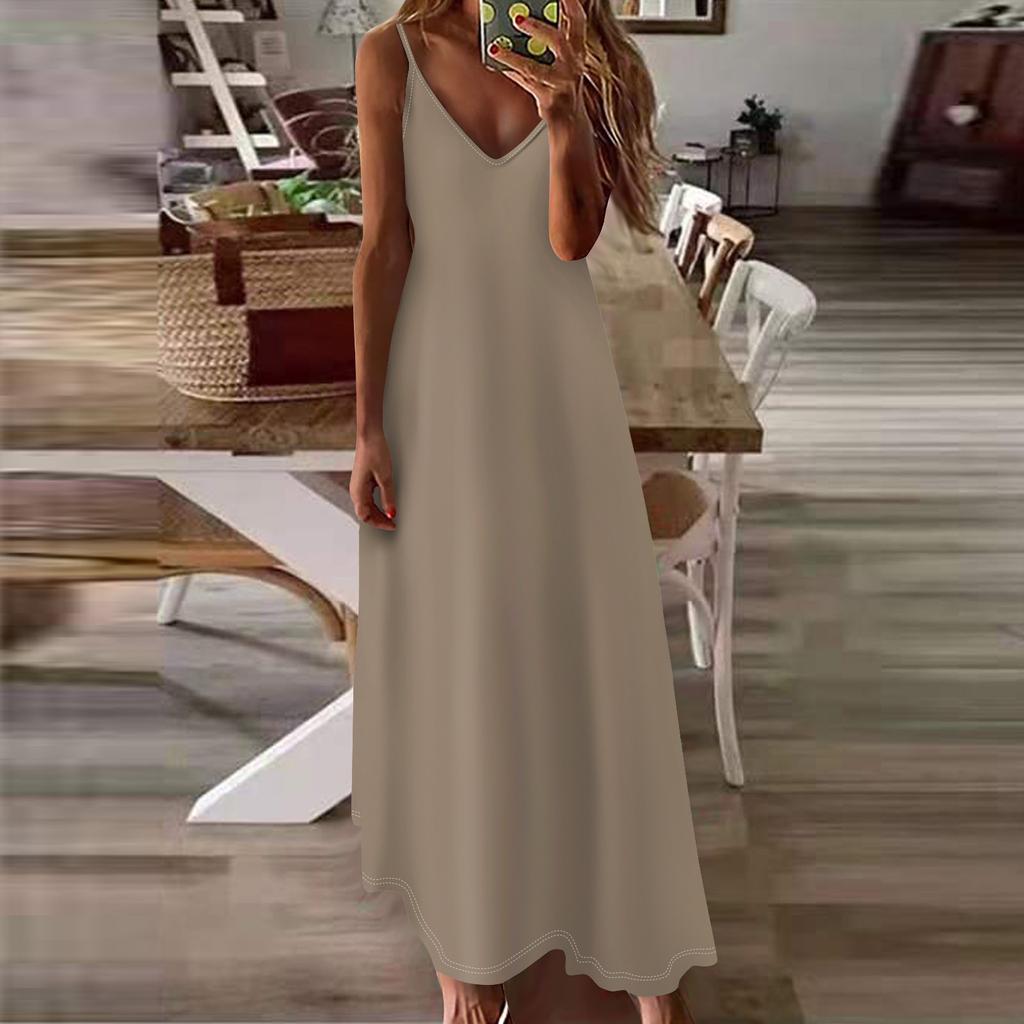 Женское летнее повседневное модное однотонное длинное платье без рукавов с V-образным вырезом, повседневные платья