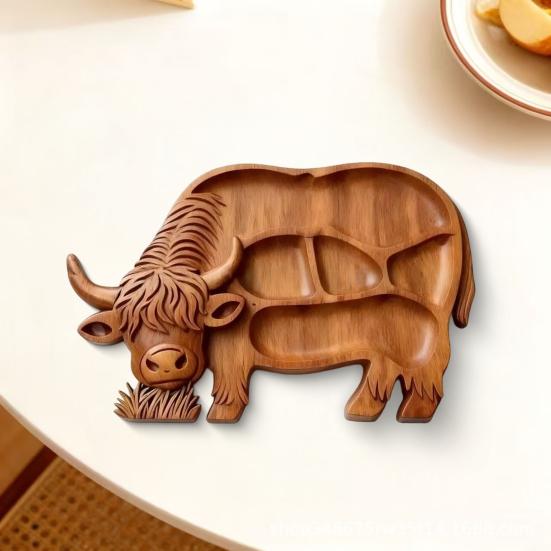 Деревянная доска для закусок «Шотландская корова» с отделениями, кролик в стиле рустик, форма клевера, многоцелевой поднос для сыра и закусок, блюдо для закусок