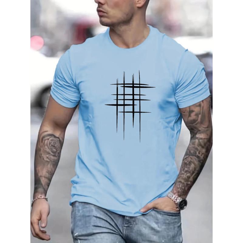 Summer Men's 100% Polyester Casual Loose Size Graphic Line Printed Neck Short-sleeved T-shirt Top