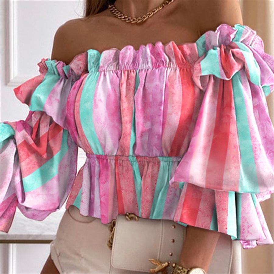 Sleeve Summer Neck Short Slash Dot Tie Dye Blouse Womens Ruffles Floral Print Crop Tops