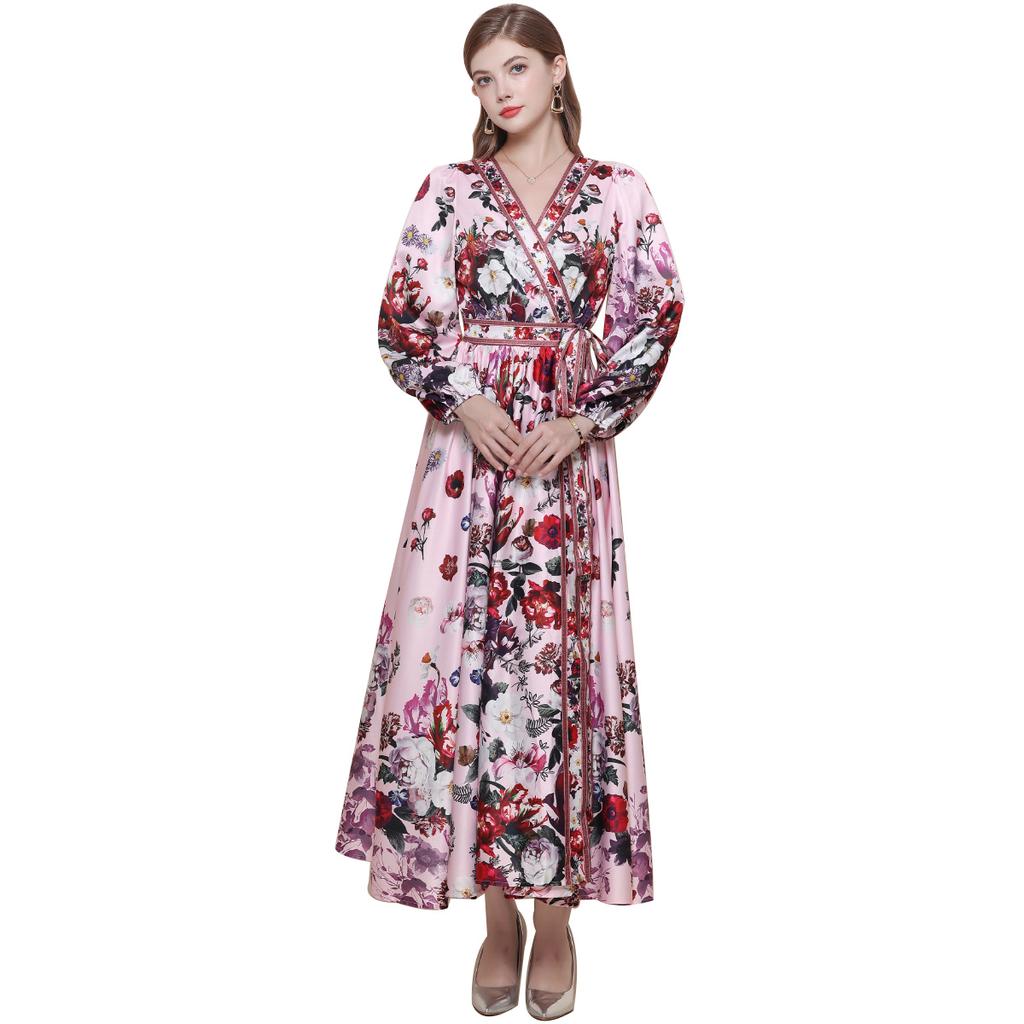 Весенние Винтажные Цветочные Макси-Платья для Женщин Подиумные Скрещенный V-образный Вырез Длинный Рукав-Фонарик Пояса Пляжное Праздничное Платье Бохо Халат