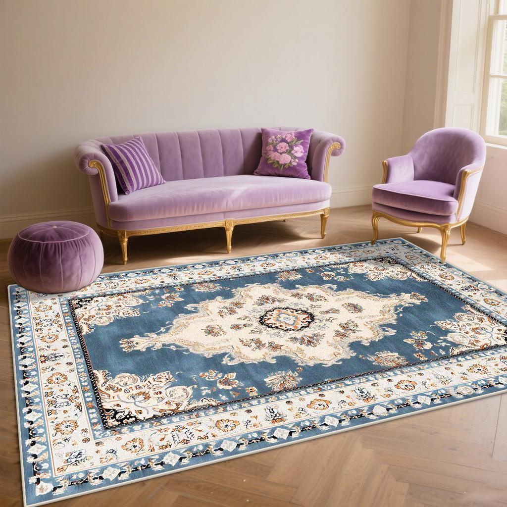 Persian Blue Living Room Rugs Flannel Decoration Bedroom Anti Slip Floor Mats Customizable Lounge Carpet Washable Gaming Room