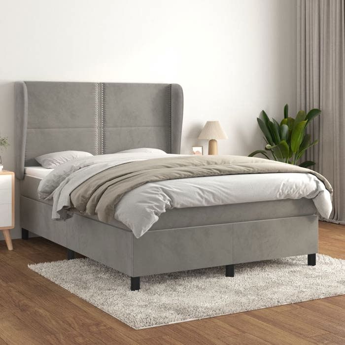 Lit avec matelas - Maison Exclusive - 140x200cm - Velours gris clair - Tête de lit réglable