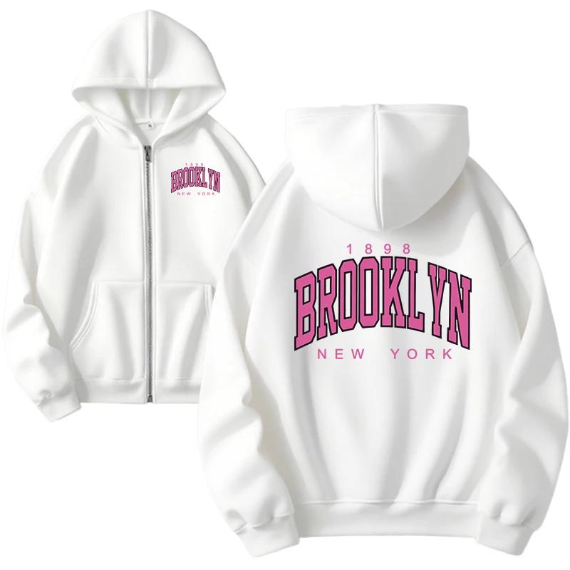 Женская толстовка с принтом Brooklyn Высококачественная с капюшоном с длинным рукавом на молнии Женские повседневные модные свободные толстовки-пальто