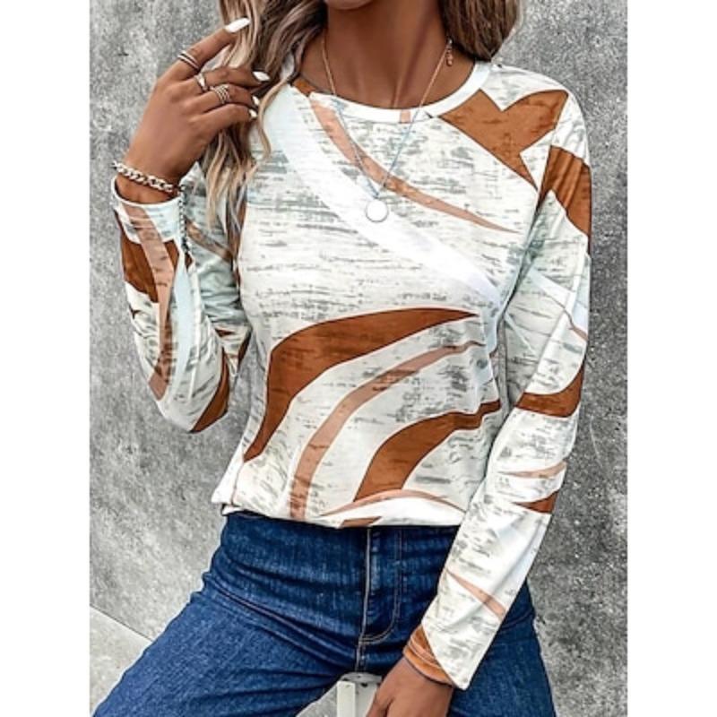 Женская футболка с принтом, повседневная, с длинным рукавом, стандартные топы с круглым вырезом, повседневная, синяя, фиолетовая, хаки, весна-осень