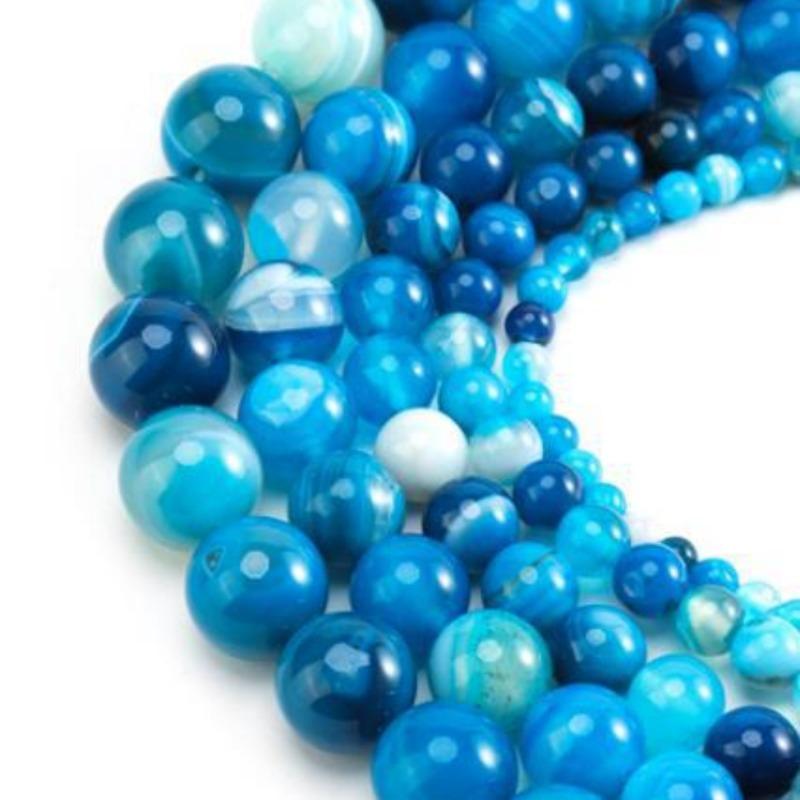 Ocean Blue Banded Stripe Onyx Agate Stone Beads 4-12mm Loose Beads for Jewelry Making Bracelet Accessories DIY
