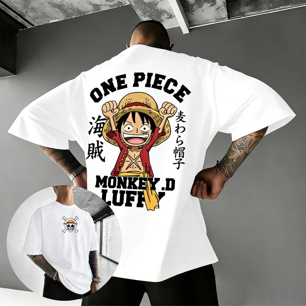 Bandai One Piece Принт Луффи Короткий рукав Свободный Мужские и Женские Летние Для поездок на работу Дышащая Спортивная Хлопковая Футболка 2026