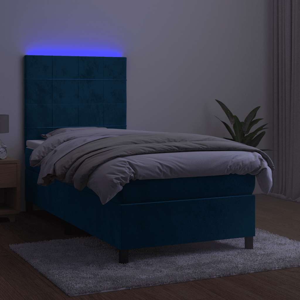 Box Spring Bed with Mattress & LED Dark Blue 90x200 cm Velvet