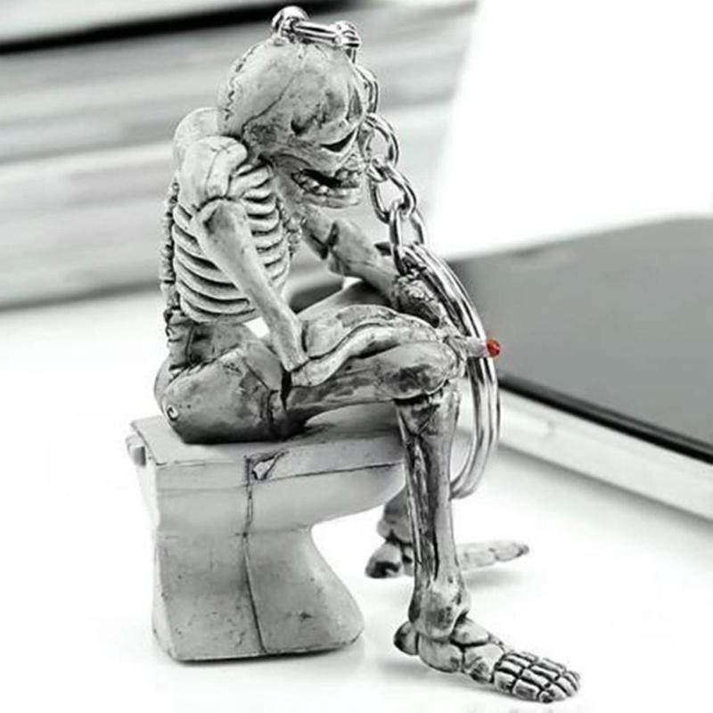 2 Pcs Skeleton On Toilet Key Chain Key Ring Novelty Gift Rubber / Metal Ring